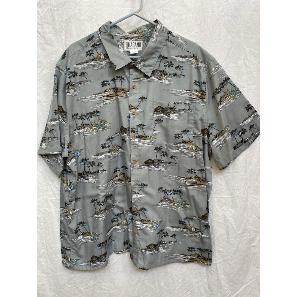 Men's Haband 2X Shirt Short Sleeve Polyester Button Down Gray Island